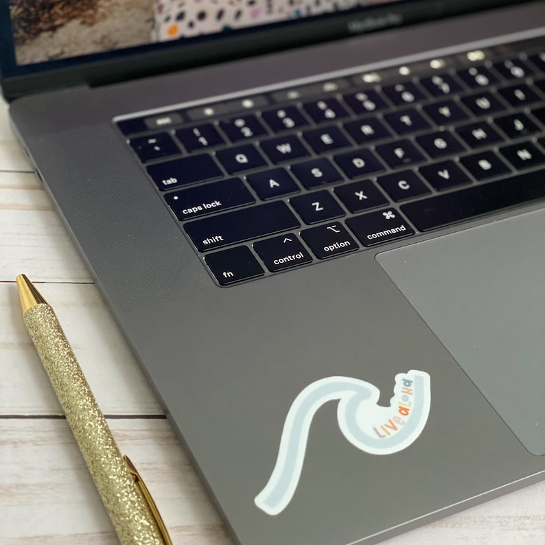 May include: A laptop computer with a gray keyboard and a sticker that says "Live aloha" in colorful letters. The sticker is a blue wave with a white outline.