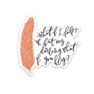 Op de afbeelding: Een sticker met een roze en oranje veer en de tekst "what if I fall?" "Oh but my darling, what if you fly?"