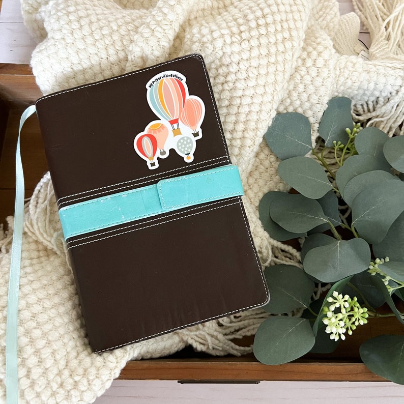 May include: A brown leather journal with a turquoise ribbon closure. A sticker with colourful hot air balloons and the text "We're Just Like Hot Air Balloons" is on the front cover.