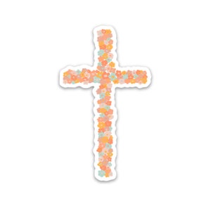 May include: A white sticker featuring a cross made of pastel pink, orange, and blue flowers.
