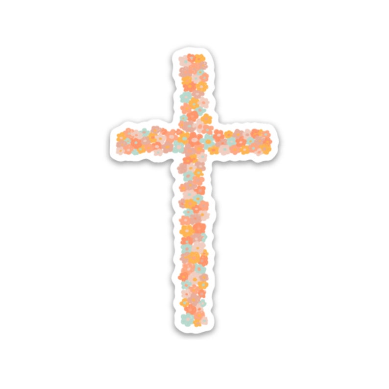 May include: A white sticker featuring a cross made of pastel pink, orange, and blue flowers.