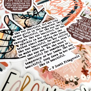 May include: A sticker with a quote by F. Scott Fitzgerald about beauty. The quote reads, "She was beautiful, but not like those girls in the magazines. She was beautiful, for the way she thought. She was beautiful, for the sparkle in her eyes when she talked about something she loved. She was beautiful, for her ability to make other people smile, even if she was sad. No, she wasn't beautiful for something as temporary as her looks. She was beautiful, deep down to her soul. She is beautiful."