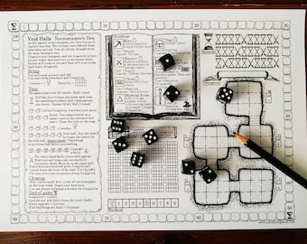 May include: A black and white printable board game called "Void Halls: Necromancer's Den". The game board features a dungeon layout with squares and a path leading to a dungeon. The game includes dice, a timer, and a pencil.
