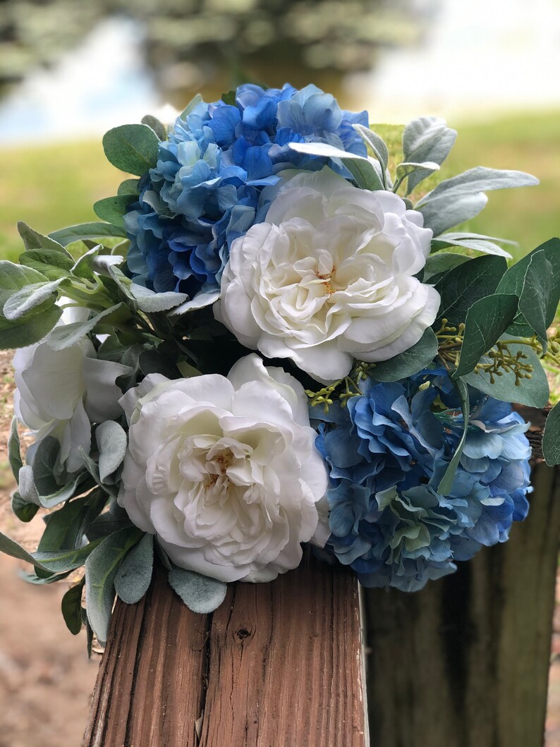 Blue Hydrangea and White Garden Rose Bouquet