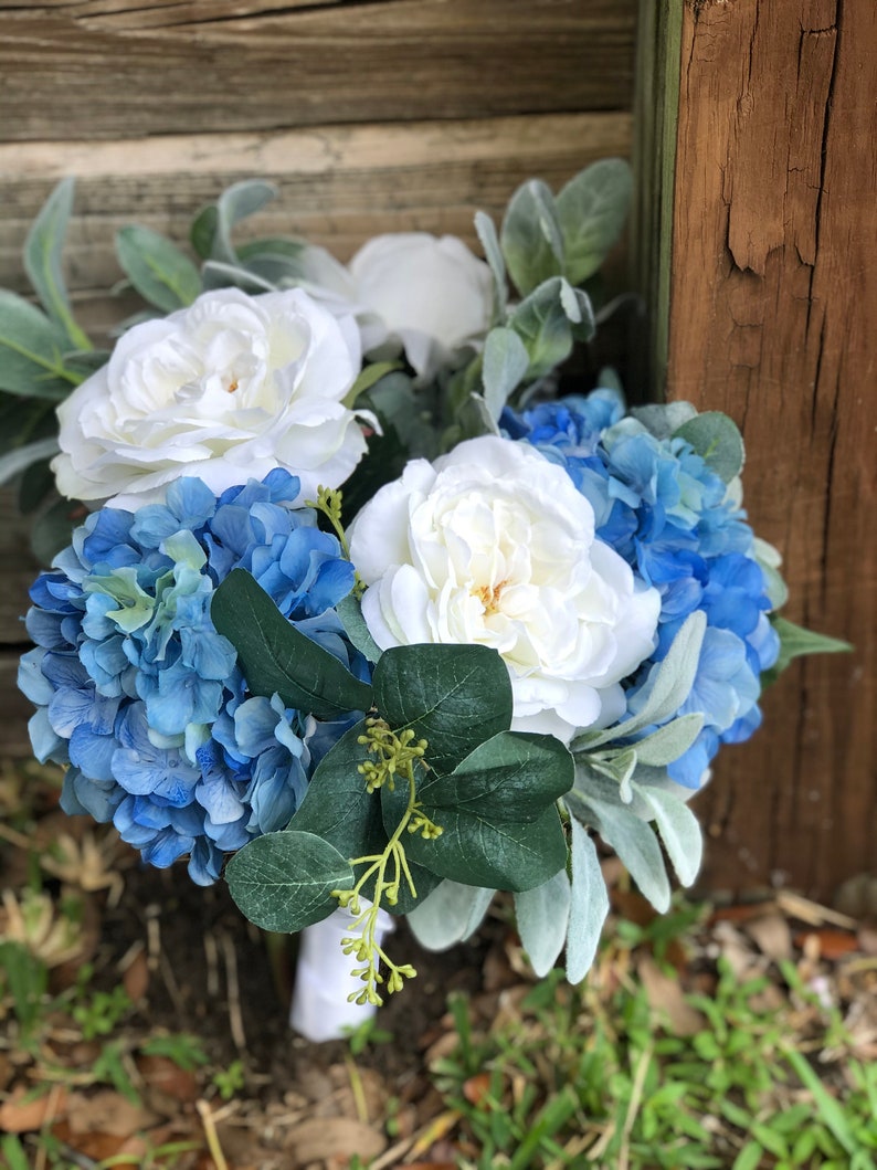 Blue Hydrangea and White Garden Rose Bouquet