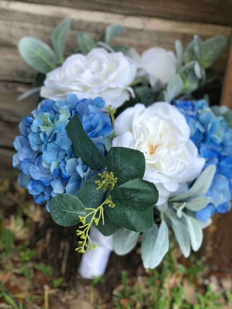 Blue Hydrangea and White Garden Rose Bouquet