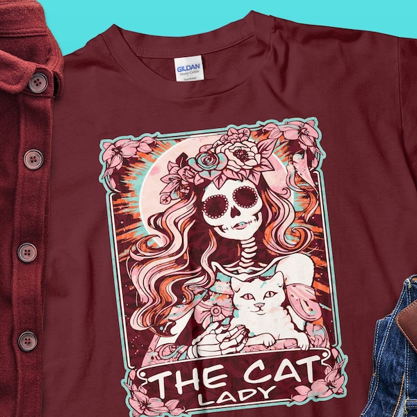 The Cat Lady Tarot Card Tee, Cat Lover T-Shirt, Floral Sugar Skull, Cat Lover Top, Unique Women's Graphic Tee, Bohemian Style Apparel