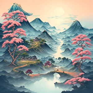 Japanese Landscape Digital Download #2, AI generated Masterpiece Perfect For Home Decor