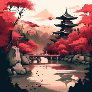 Beautiful Japanese Landscape AI Poster, Digital Art Print, AI Generated Art for Home Decor and Wall Art