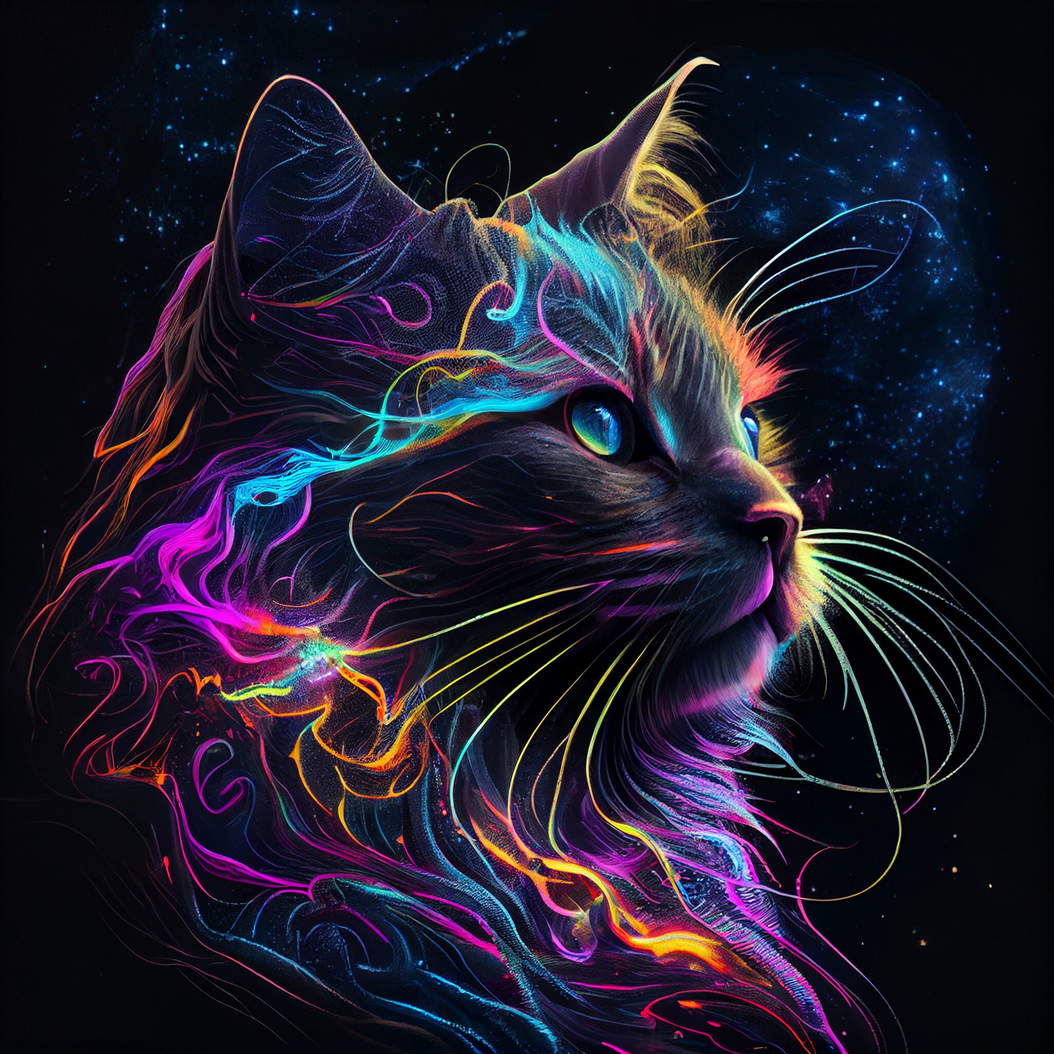 Cosmic Cat Ai Art Print, Neon Style Ai Generated Art Majestic Cat Home