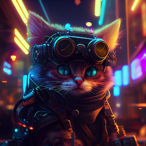 Cute Cyberpunk Cat | AI Generated Art Print | Cyberpunk Theme Poster | Cyberpunk Ai Wall Art | AI-Generated | Digital Download Only