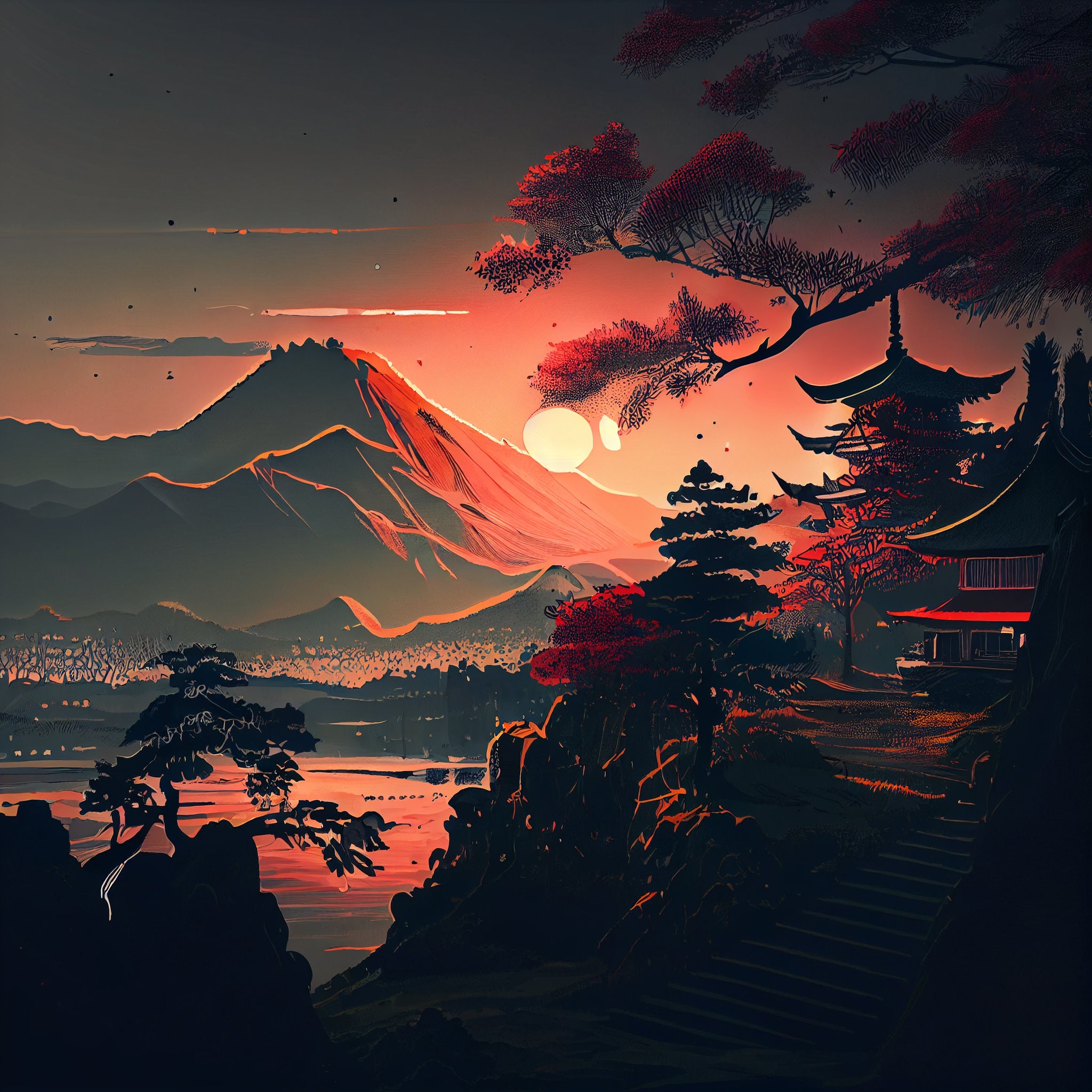 Japanese landscape ai art beautiful view of sunset ai etsy