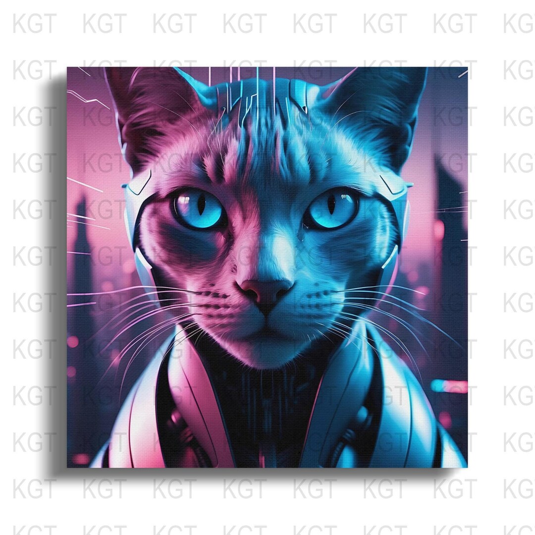 AI Generated Cute Cyberpunk Cat Wall Art Neon Lights Digital ...