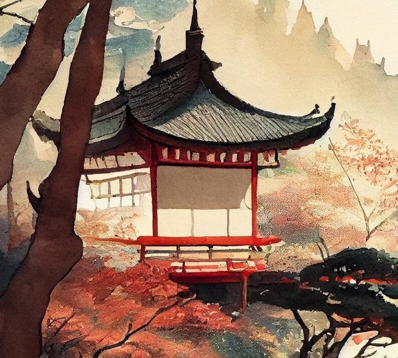 Beautiful Japanese Landscape Art Watercolor Digital Art Etsy