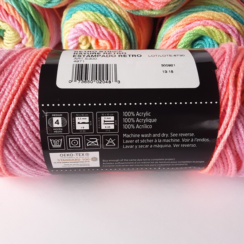 Red Heart Super Saver Retro Stripe Yarn, Rainbow Yarn, 5 oz, 236 y, weight 4 acrylic yarn, yarn destash image 9