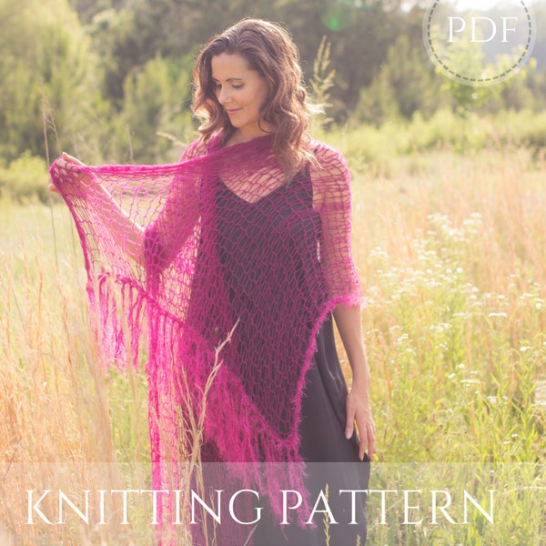 Shawl with fringe knit pattern, Boho knitting pattern, Knit shawl scarf PDF pattern, Mesh shawl knitting pattern