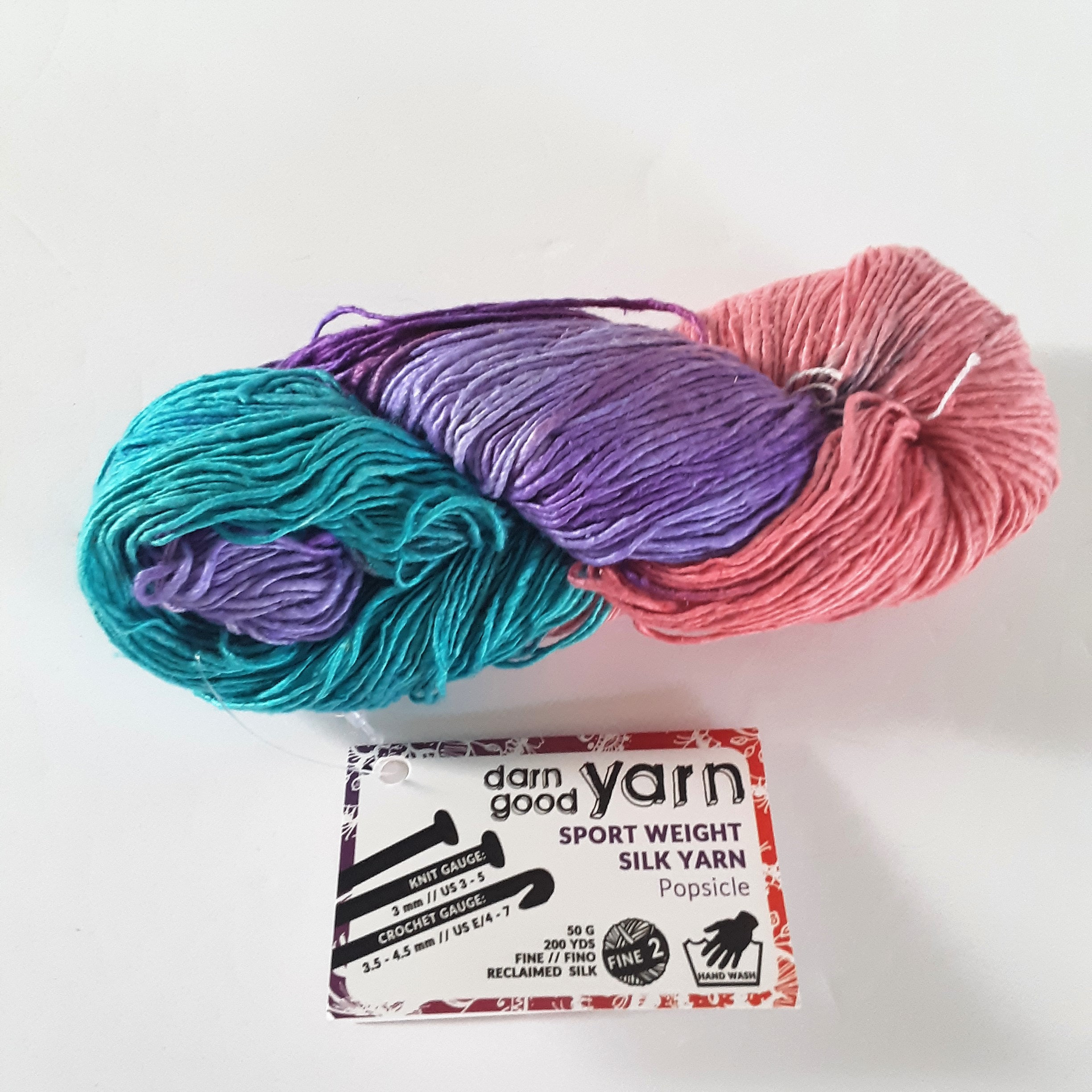 Darn Good Yarn, Sport Weight Silk Yarn, Color Popsicle, Fine