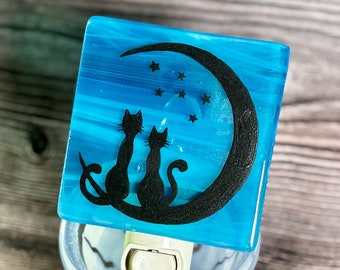 Cats On Moon Fused Glass Night Light