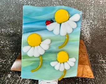 White and Yellow Daisies Fused Glass Night Light