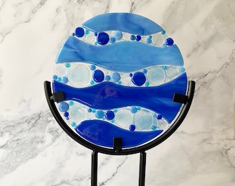 Modern Blue Waves Fused Glass Plaque