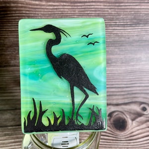 Fused glass Egret night light on green