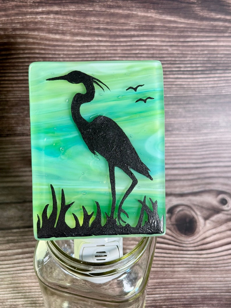 Fused glass Egret night light on green