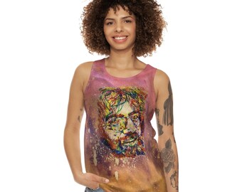 May include: A pink tank top with a colorful abstract portrait of a person wearing glasses. The portrait is on a faded background with a splatter effect.