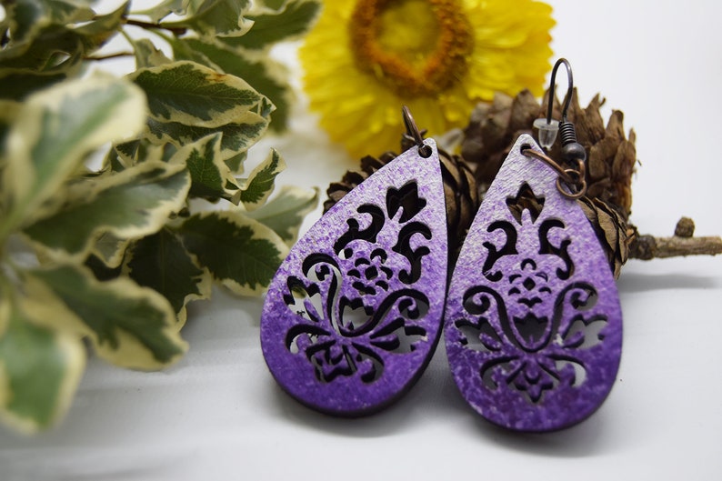 Lavender Drop Wood Earrings