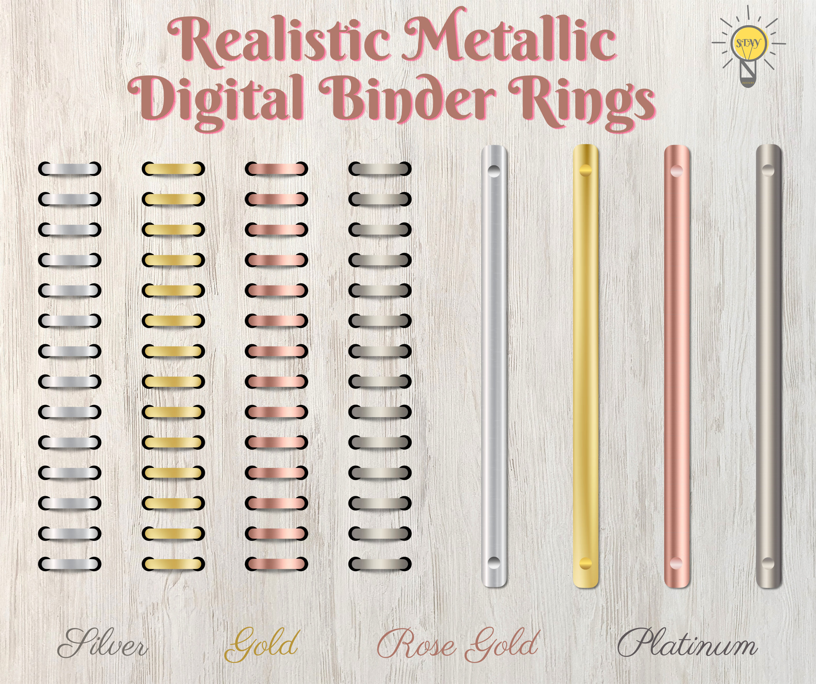 Realistic Metallic Digital Binder Rings for Digital Planners