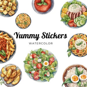 May include: Watercolour illustrations of various food items, including pasta, salad, rice, and potatoes. The illustrations are arranged in a circular pattern around the text "Yummy Stickers Watercolor".