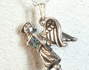 Handmade Sterling Silver Angel Pendant Necklace with Aquamarine
