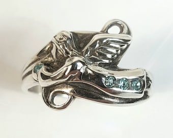 Hand Sculpted Sterling Silver Angel Ring, Aquamarine Accent Stones