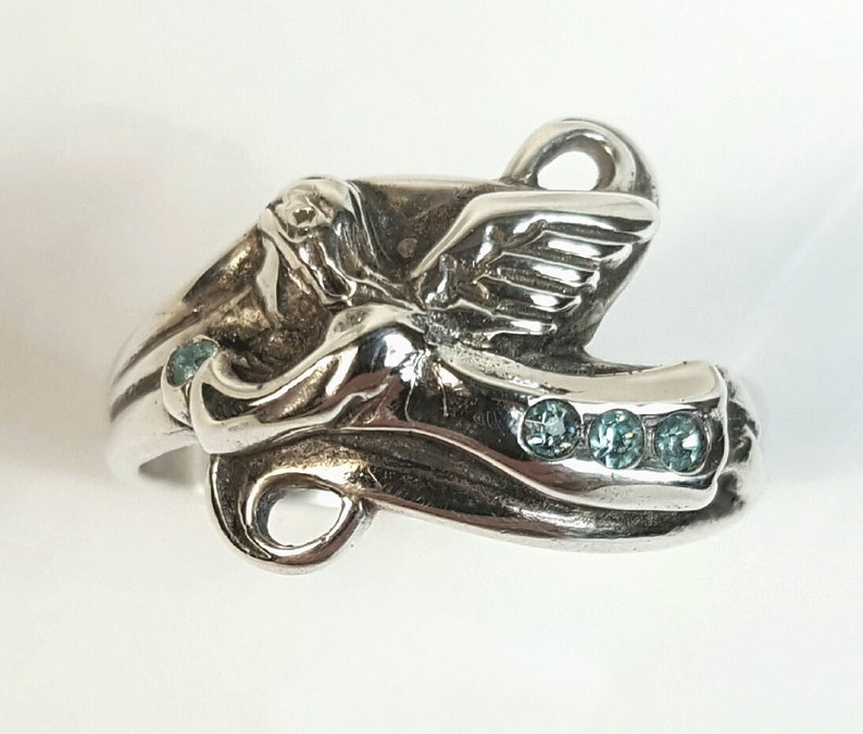 Hand Sculpted Sterling Silver Angel Ring, Aquamarine Accent Stones bild 1