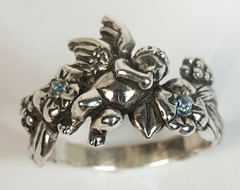Cherub Ring With Flowers, Sterling Silver with Aquamarine Stones