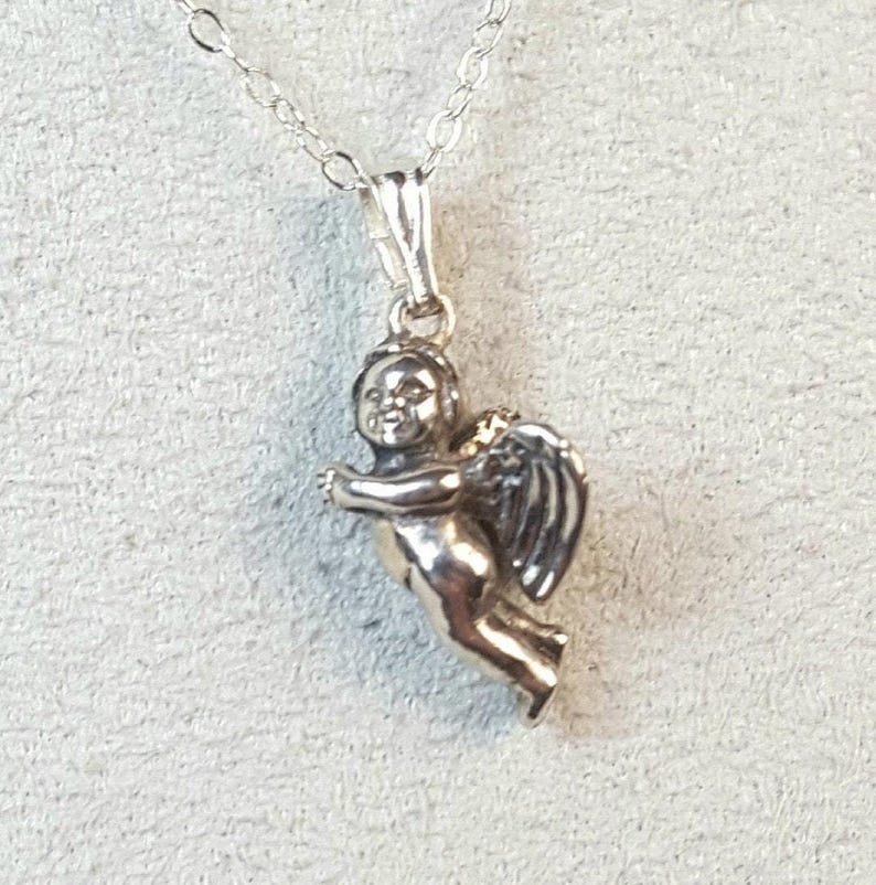 Collar de querubín, plata de ley, colgante de ángel esculpido a mano, detalle de aguamarina imagen 3