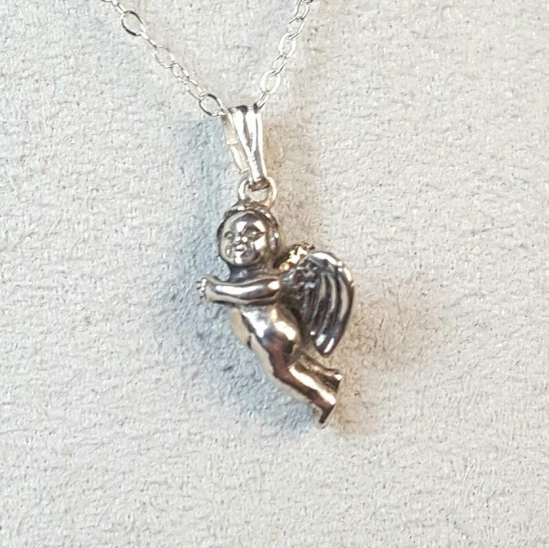 Collar de querubín, plata de ley, colgante de ángel esculpido a mano, detalle de aguamarina imagen 2