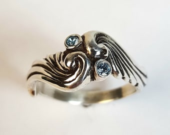 Sterling Silver Angel Wings Ring with Aquamarine Stones