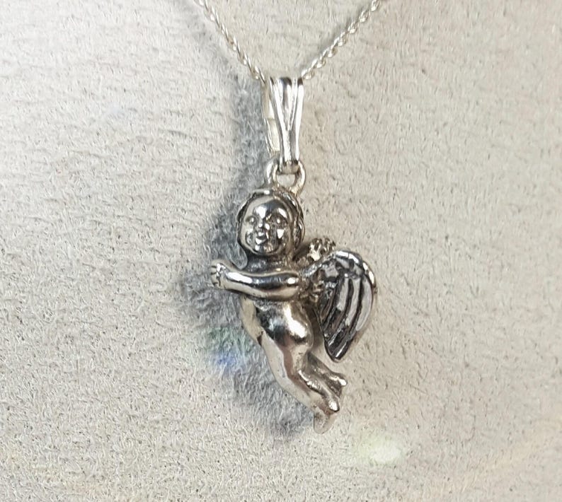 Collar de querubín, plata de ley, colgante de ángel esculpido a mano, detalle de aguamarina imagen 1