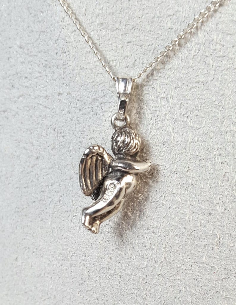 Collar de querubín, plata de ley, colgante de ángel esculpido a mano, detalle de aguamarina imagen 4