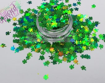 3D Nail Art *Lucky* Green Four Leaf Clover Piece Holographic Spangle Glitter Pot