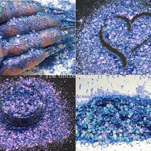 May include: A close-up of blue and purple iridescent glitter. The glitter is shown in four different views, including a hand holding the glitter, a heart shape drawn in the glitter, a pile of glitter in a jar, and a pile of glitter on a surface.