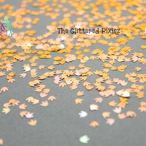 May include: Orange, pink, and white iridescent glitter shaped like a footprint. The glitter is scattered on a gray surface. The text "The Glittered Pixiez" is visible in the image.