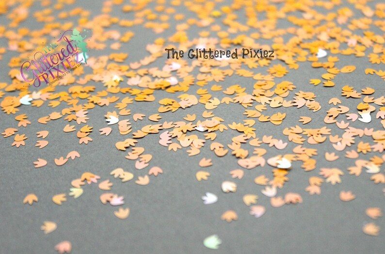 May include: Orange, pink, and white iridescent glitter shaped like a footprint. The glitter is scattered on a gray surface. The text "The Glittered Pixiez" is visible in the image.