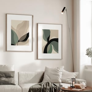 Muurafdrukken set van 2, saliegroen wanddecor, saliegroen abstracte print, beige kleur kunstprint, abstracte kunstprint
