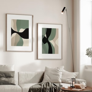 Muurafdrukken set van 2, salie groen en zwart abstracte kunstafdruk, beige kleuren kunstafdruk, abstracte kunstafdruk, afdrukbaar wanddecor