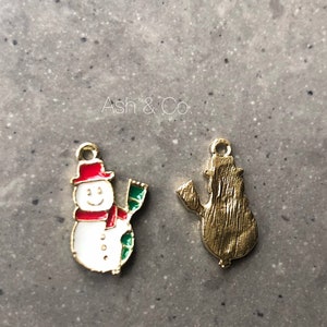 Snowman charm, unusual, enamelled, red and white, christmas. Gold plated UK