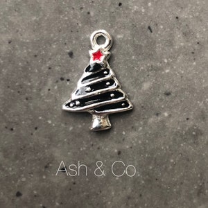 Christmas tree charm, unusual, enamelled, red and black, christmas. Silver plated UK