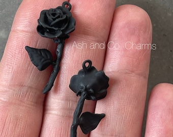 Matt black metal alloy rose charms, perfect for earring, bracelet or necklace. x 2