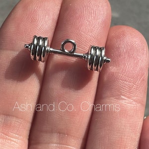 Dumbbell charms, weight lifting, made from silver metal alloy x 5
