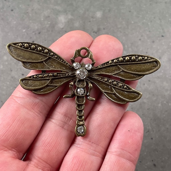 Dragonfly crystal brass Charm, Pendant. Jewellery Making. x 1